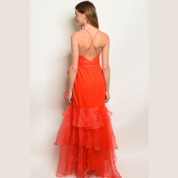 Red Sleeveless Ruffle Organza V-Neck Dress S-M-L - Picture 3 of 3